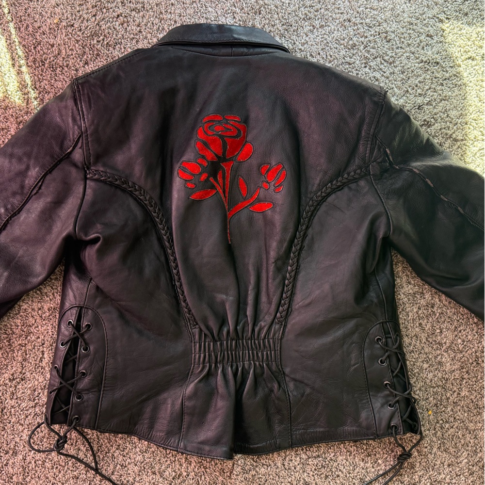 Embroidered Black Leather Jacket - Picture 7 of 10